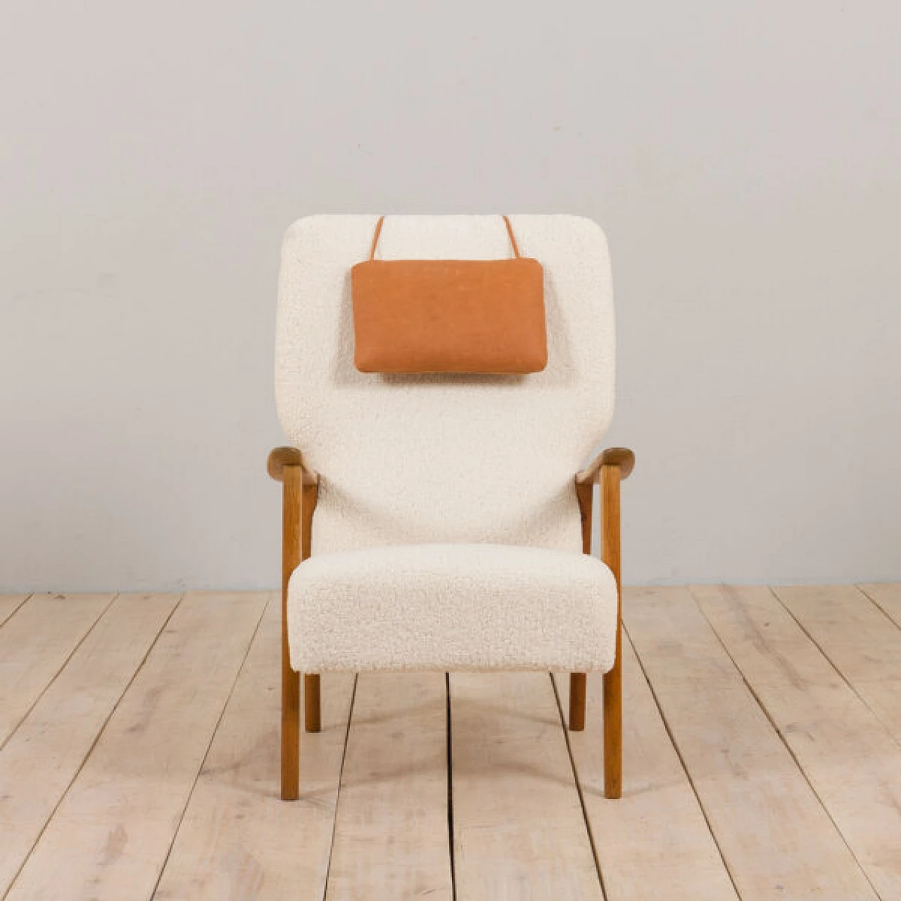 Oak lounge chair, boucle fabric and aniline leather by Fritz Hansen, 1960s 2