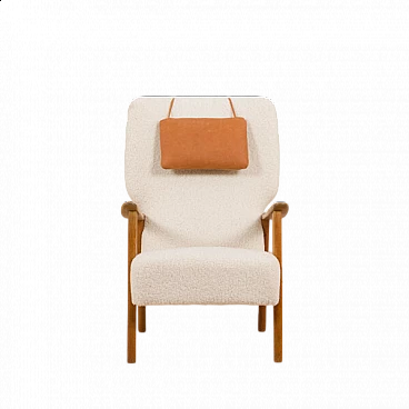 Oak lounge chair, boucle fabric and aniline leather by Fritz Hansen, 1960s