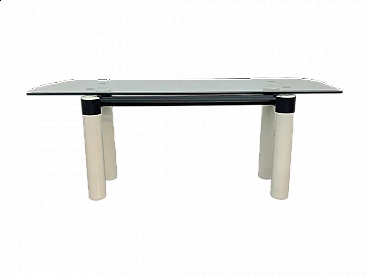 Tavolo in legno, ferro e cristallo nello stile di Massimo Vignelli, anni '70