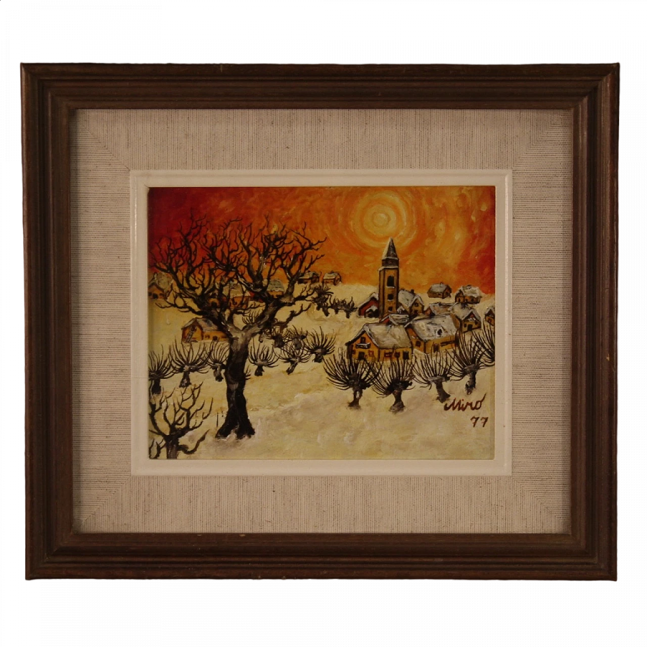 Paesaggio di campagna con paese, dipinto a olio su masonite, 1977 16