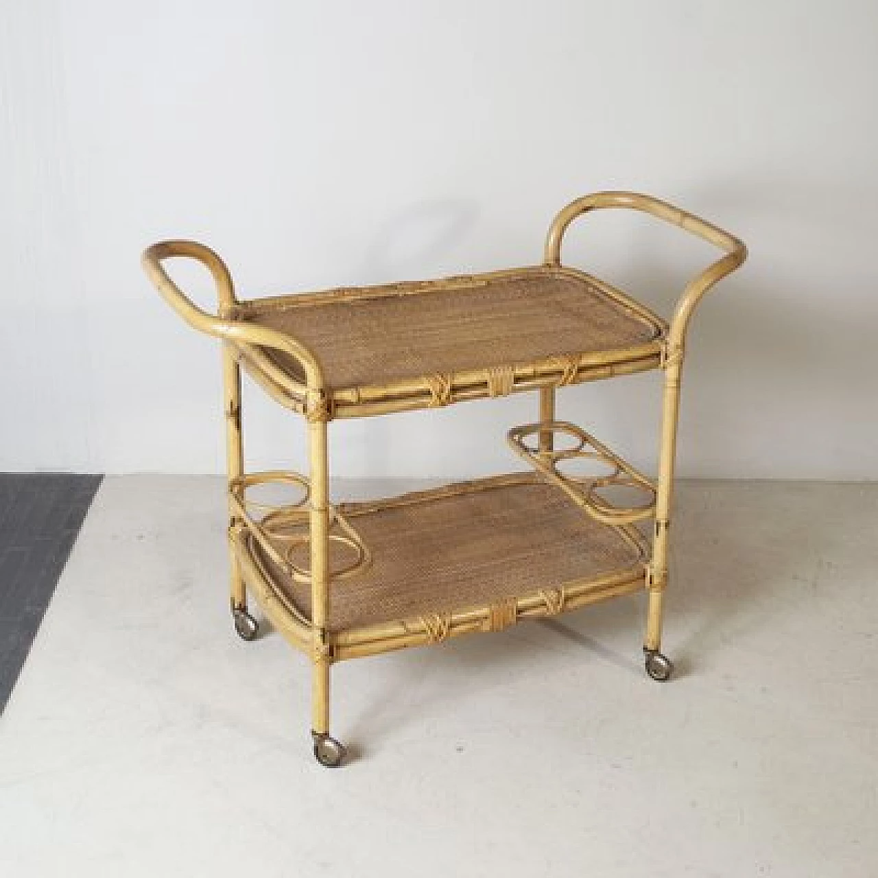Cane and bamboo bar cart in the style of Tito Agnoli, 1960s 5