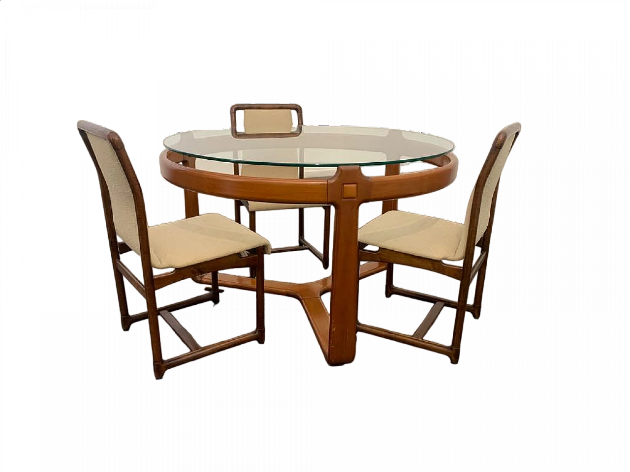 3 Sedie e tavolo rotondo in legno e vetro, anni '60 11