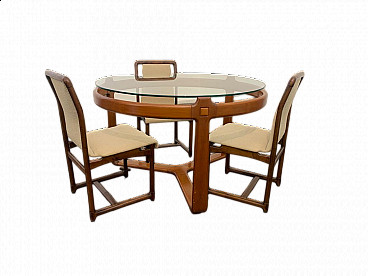 3 Chairs and round table in wood and glass, 1960s