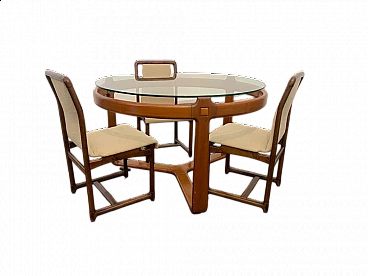 3 Sedie e tavolo rotondo in legno e vetro, anni '60