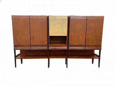 Three-door highboard in teak and parchment in the style of Silvio Cavatorta, 1960s