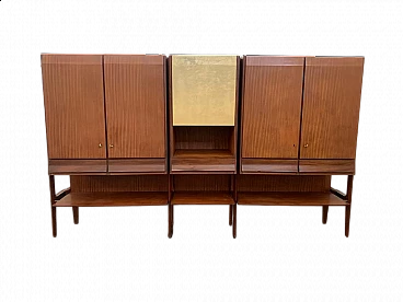 Three-door highboard in teak and parchment in the style of Silvio Cavatorta, 1960s