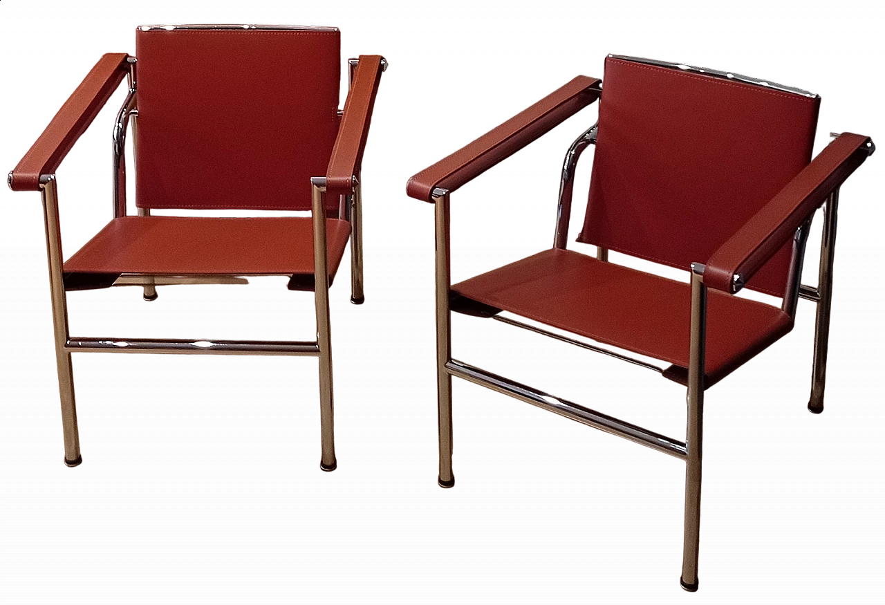 Pair of LC1 leather armchairs by Le Corbusier, P. Jeanneret and C. Perriand for Alivar, 1980s 189