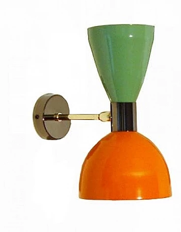 Brass and green and orange lacquered metal wall light by Deyroo Lighting