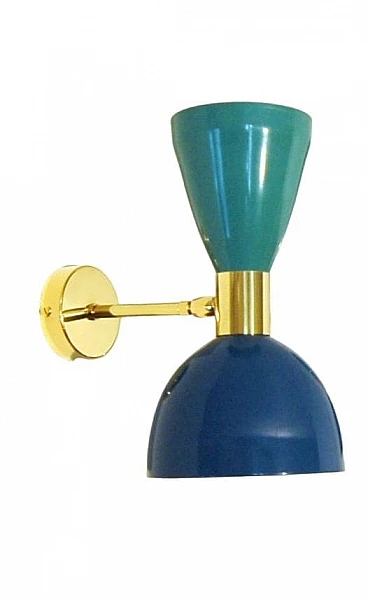 Brass and blue and green lacquered metal wall light by Deyroo Lighting