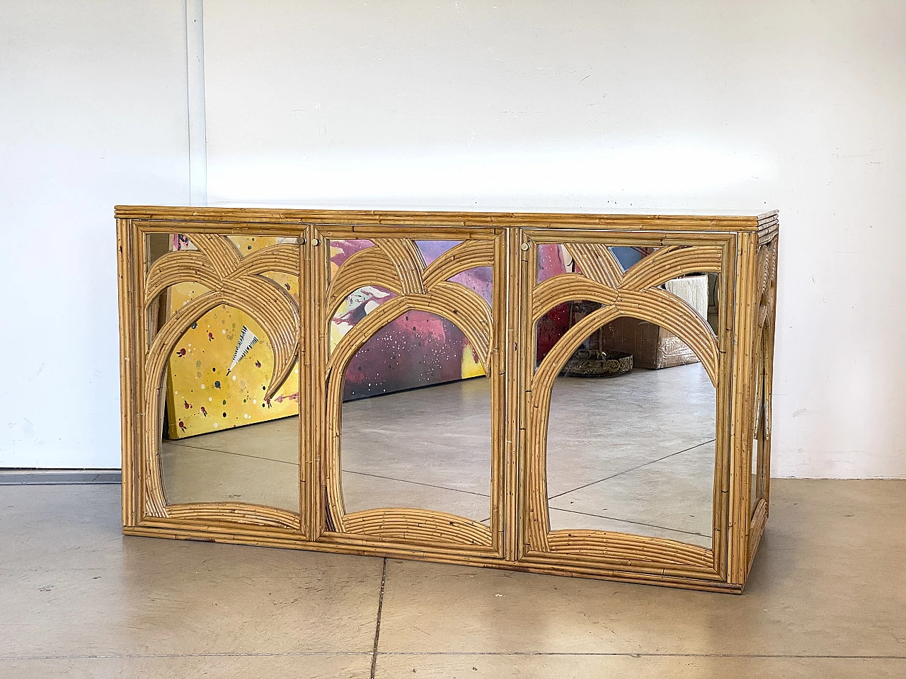 Credenza specchiata in bambù di Vivai del Sud, anni '70 1