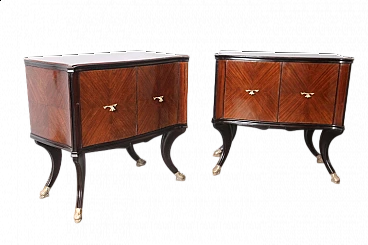 Pair of rosewood bedside tables with burgundy glass top, 1950s
