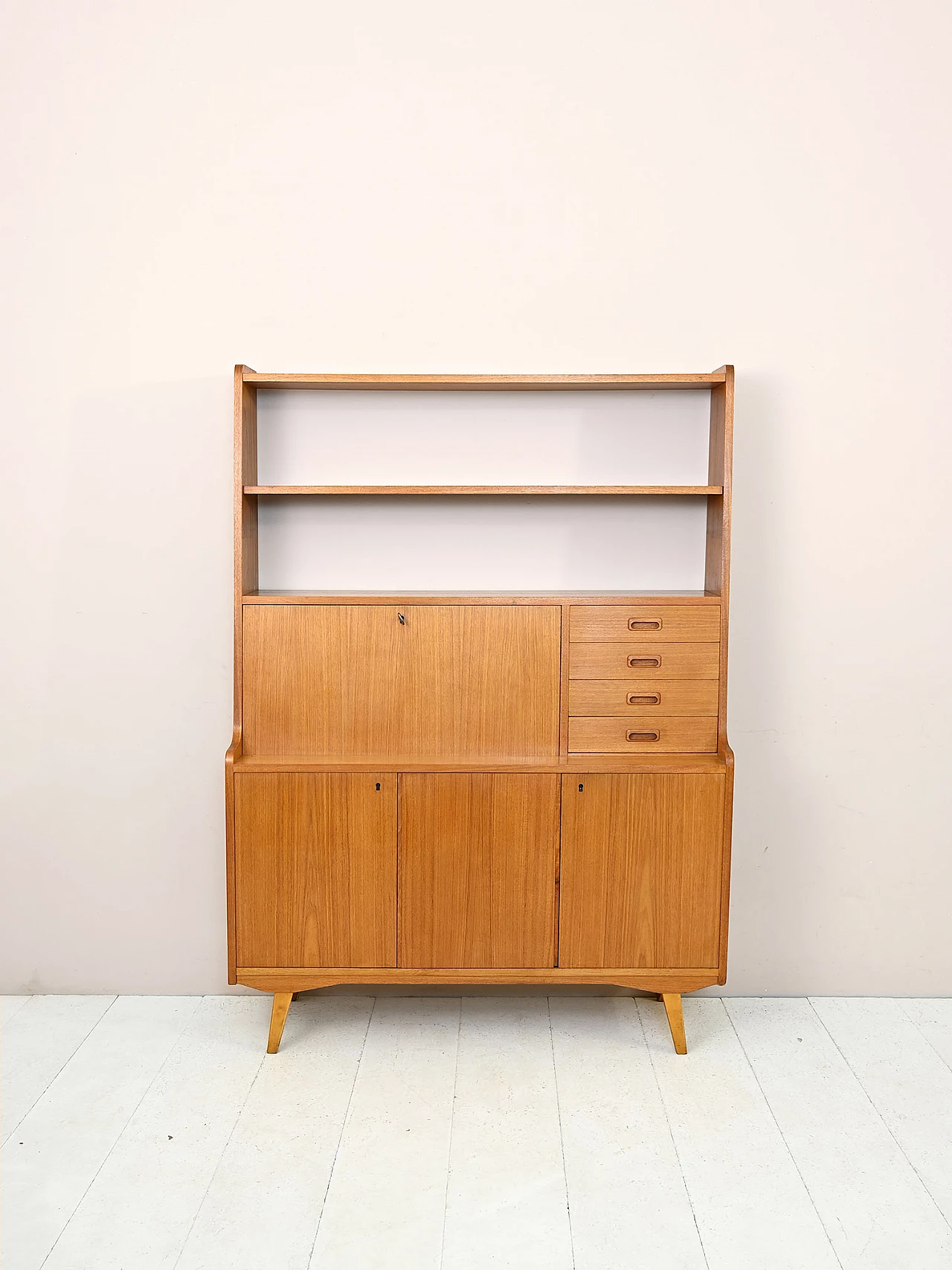 Libreria scandinava in teak con scrittoio a ribalta, anni '60 3