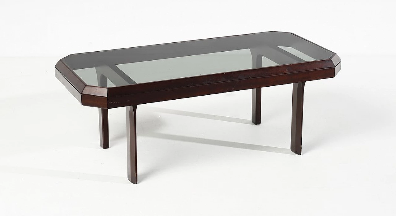Tavolino in legno con piano ottagonale in vetro, anni '70 8