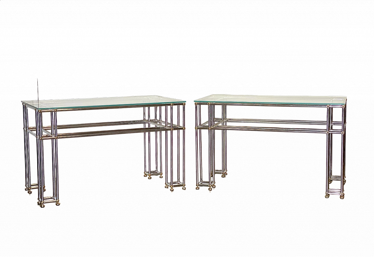 Pair of tubular steel console tables with glass top, 1970s 19