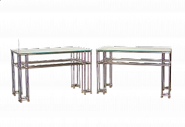 Pair of tubular steel console tables with glass top, 1970s