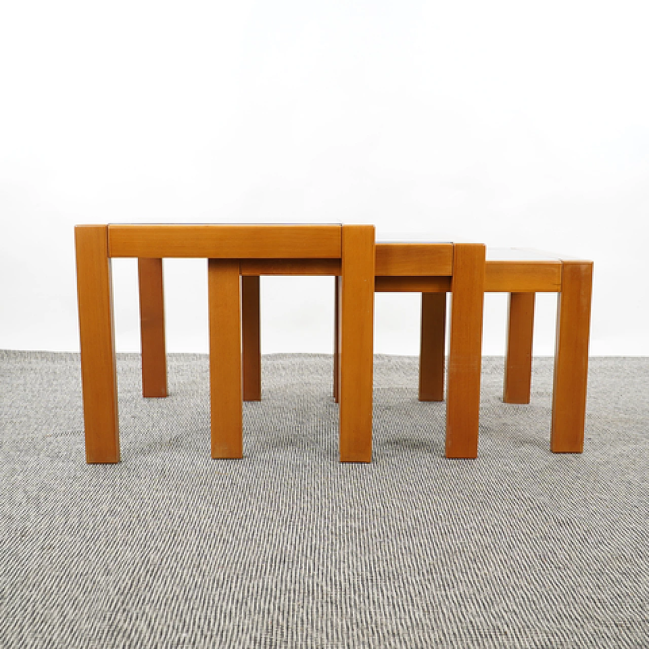 3 Wood and glass nesting tables, 1980s 1