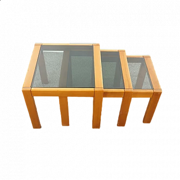 3 Wood and glass nesting tables, 1980s