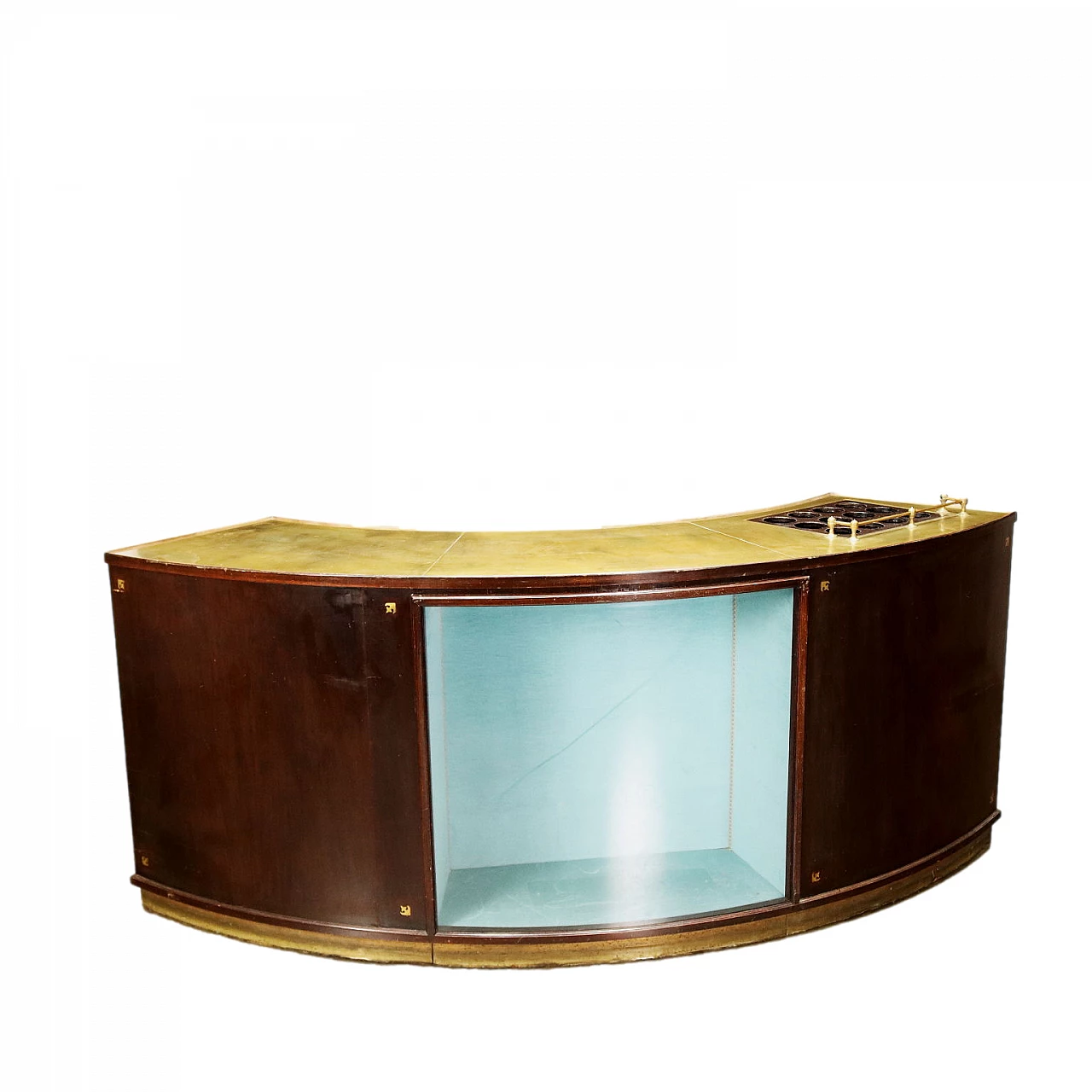 Bancone da bar in compensato curvato tinto ebano con vetrina, anni '60 1