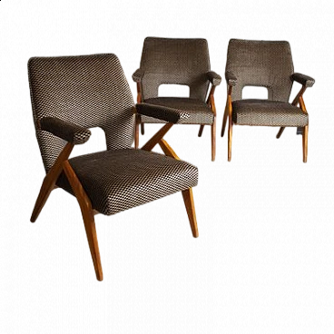3 Armchairs with wooden frame and velvet upholstery by Antonio Gorgone, 1950s
