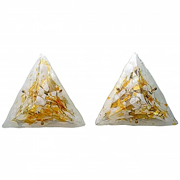 Pair of triangular Murano glass wall sconces with gold leaf and brass, 1980s