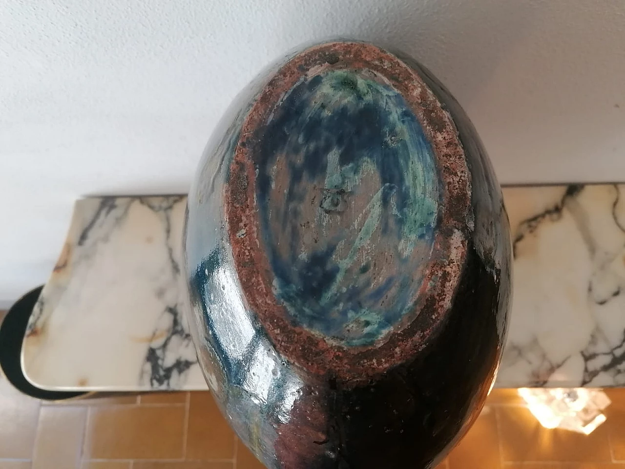 Vaso tondo in ceramica blu di Angelo Ungania, anni '40 4
