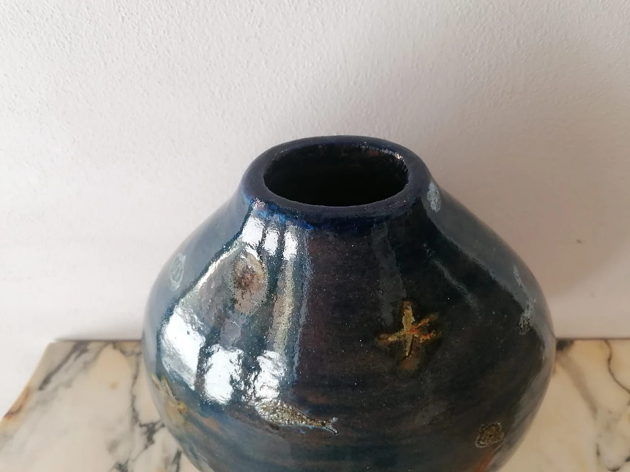 Blue ceramic round vase by Angelo Ungania, 1940s 6