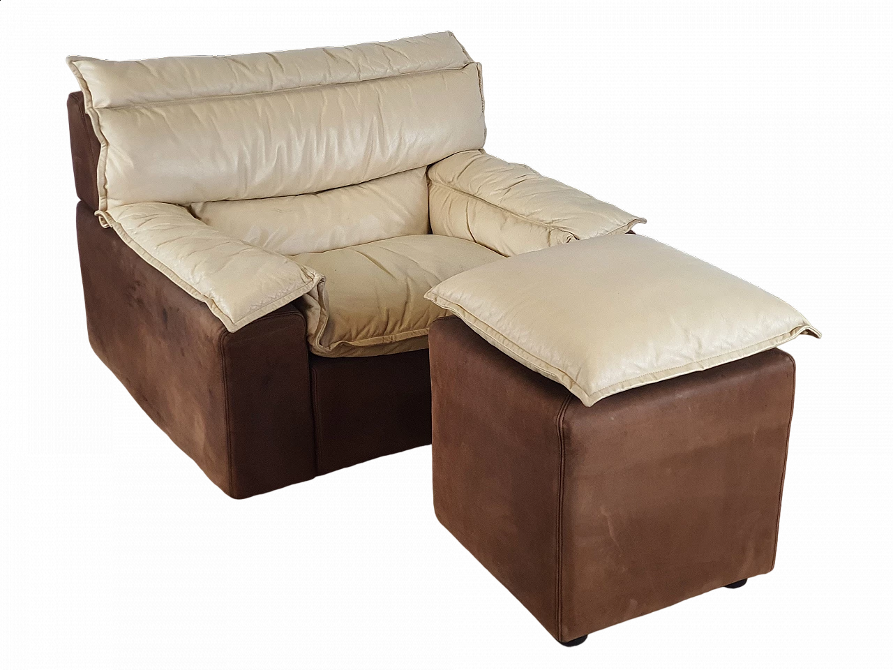 Leather and suede armchair with footstool, 1970s 39