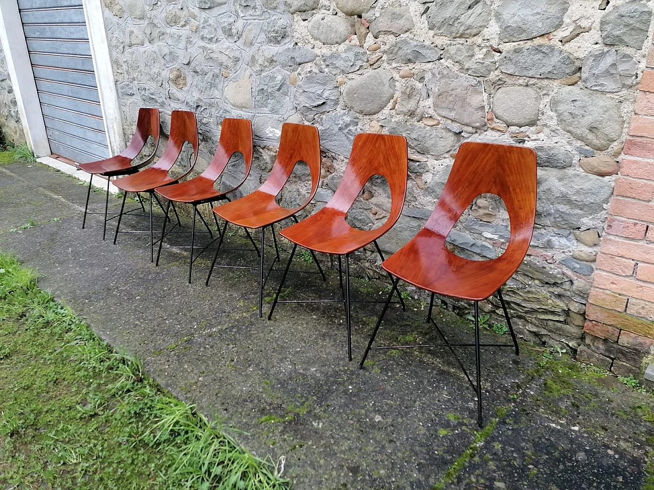 6 Plywood and metal Ariston chairs by Augusto Bozzi for Saporiti, 1950s 2