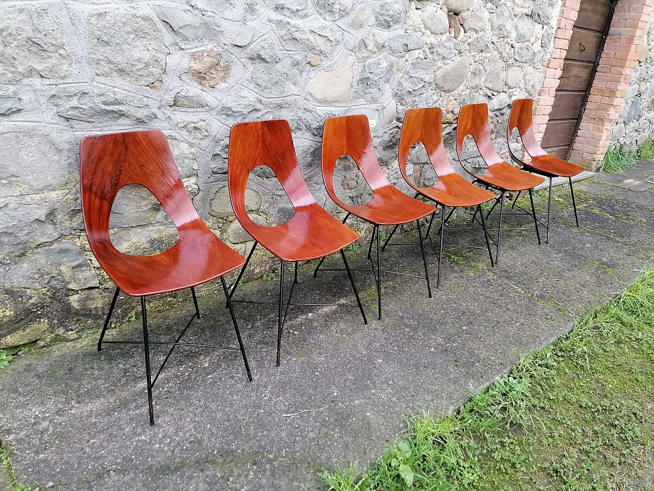 6 Plywood and metal Ariston chairs by Augusto Bozzi for Saporiti, 1950s 3