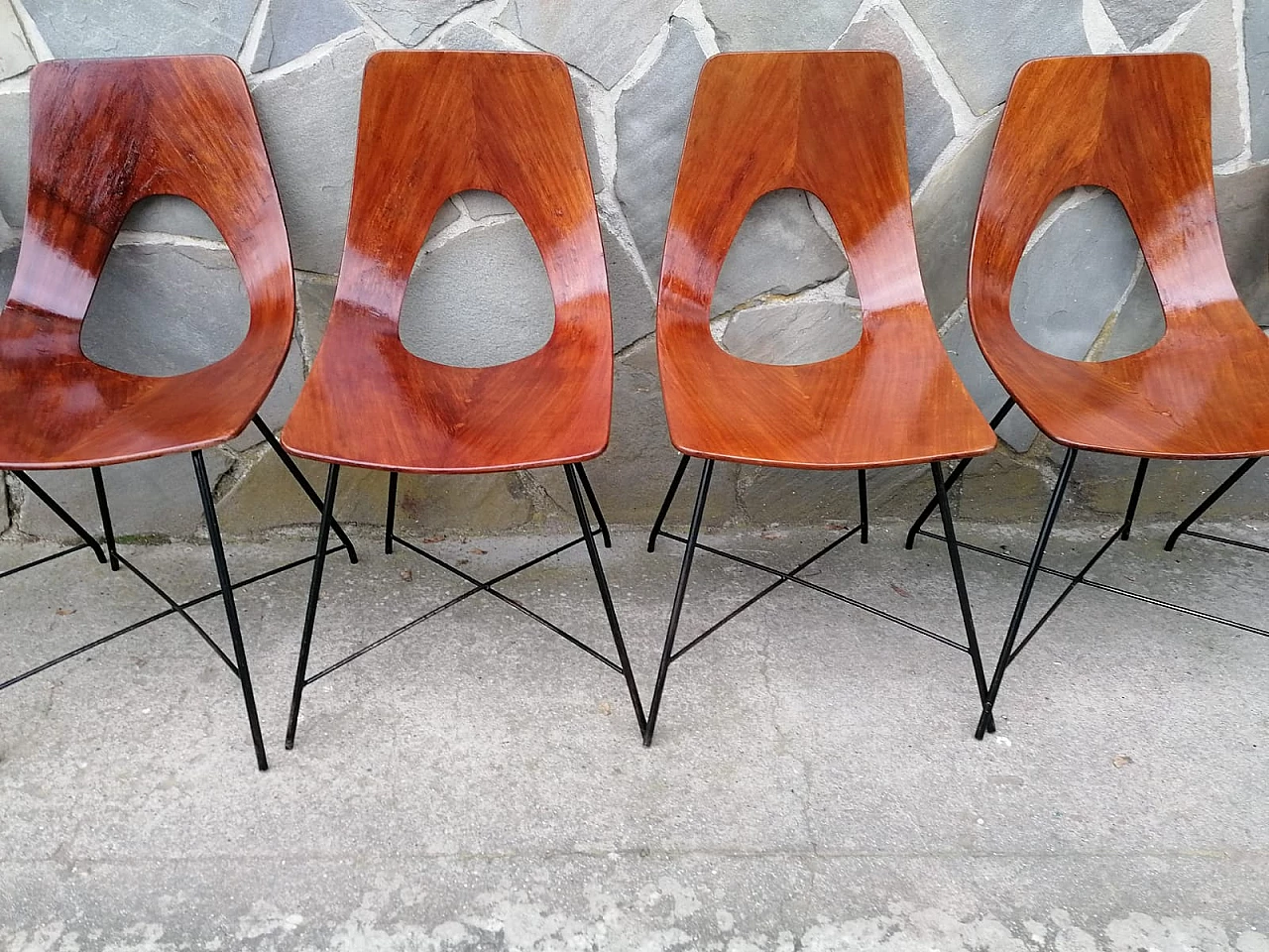 6 Plywood and metal Ariston chairs by Augusto Bozzi for Saporiti, 1950s 4