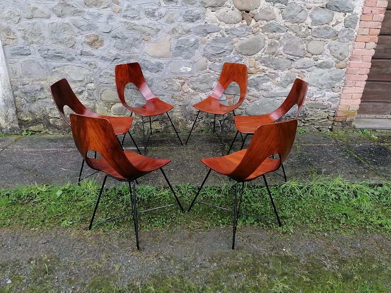6 Plywood and metal Ariston chairs by Augusto Bozzi for Saporiti, 1950s 8