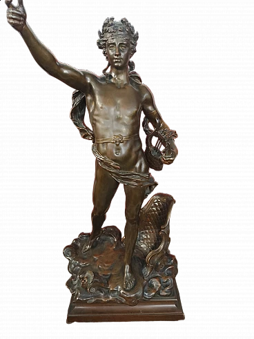 Scultura in bronzo di figura con arpa di Clement Leopold Steiner, '800