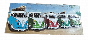 Sheet metal painting of five Volkswagen vans, 1970s