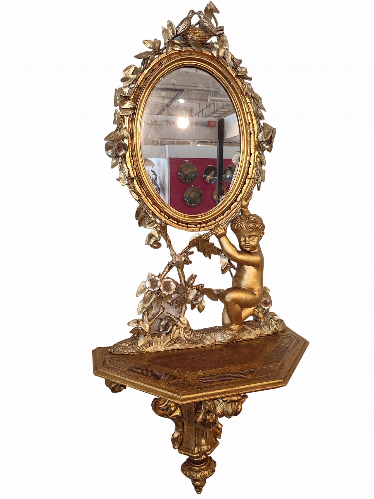 Consolle da parete in legno con specchiera in foglia d'oro, 1881 7