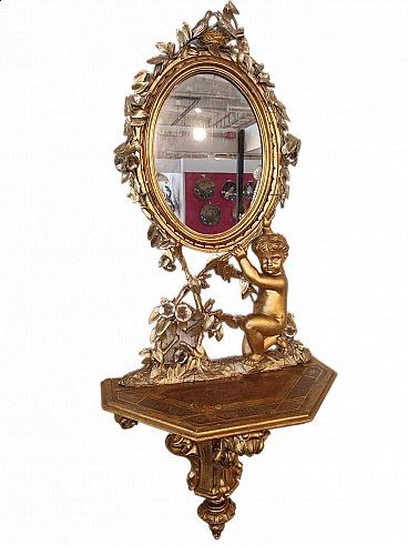 Wooden wall console table with gold leaf mirror, 1881