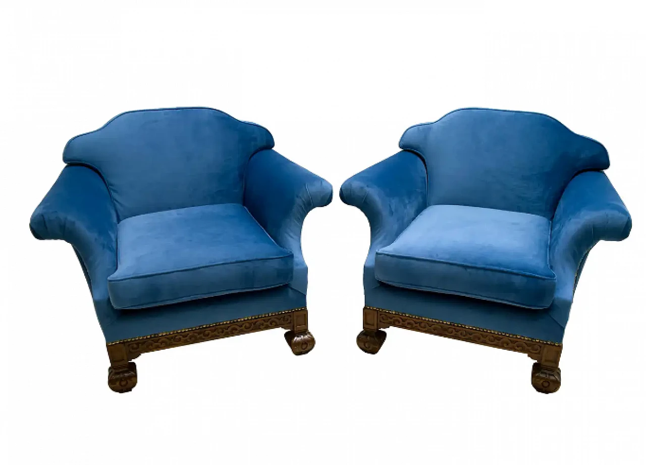 Pair of oak and blue velvet armchairs, late 19th century 1