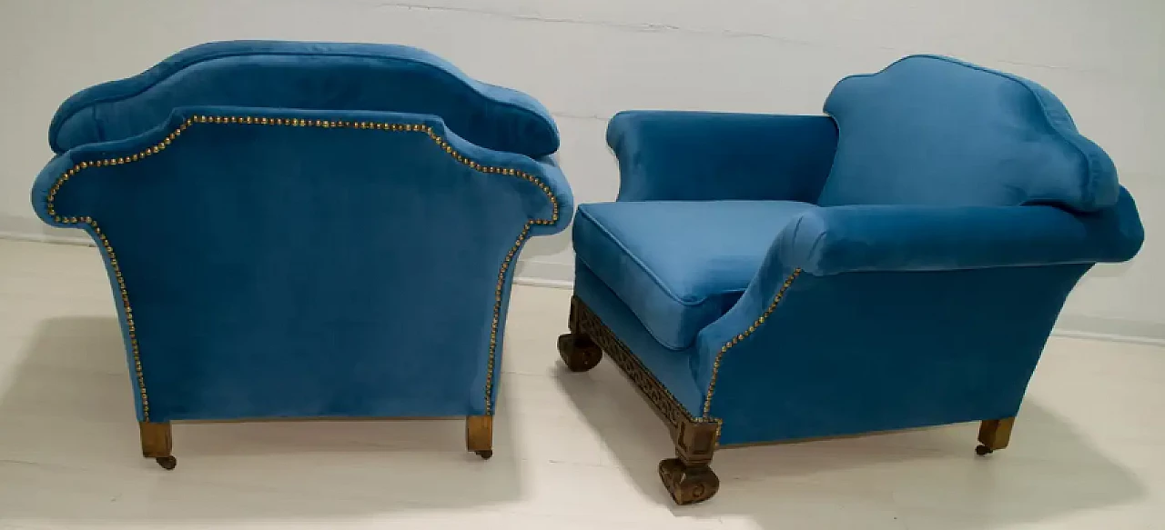 Pair of oak and blue velvet armchairs, late 19th century 2