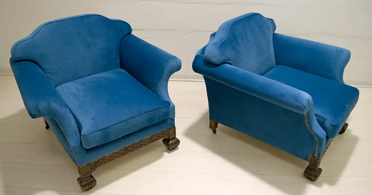Pair of oak and blue velvet armchairs, late 19th century 8