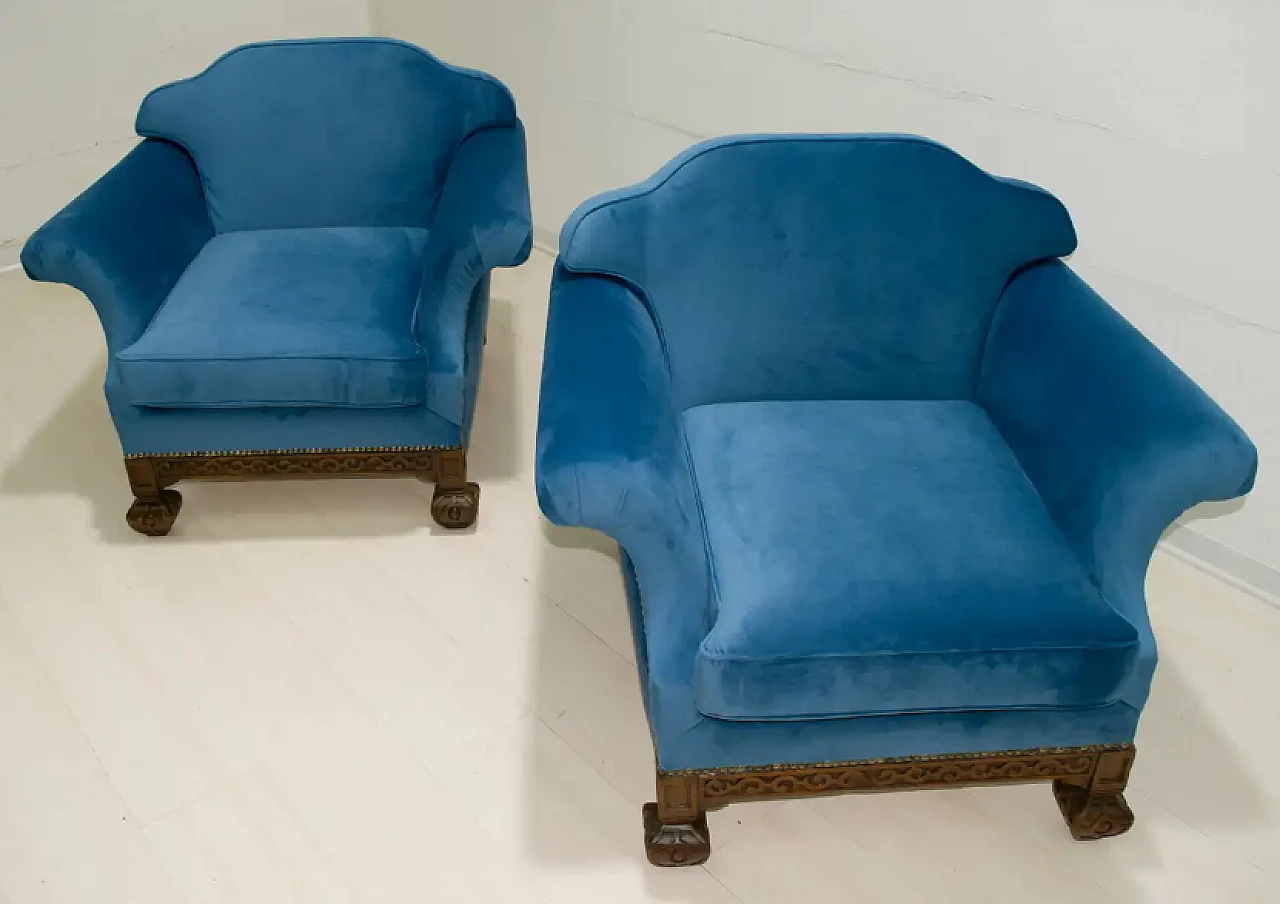 Pair of oak and blue velvet armchairs, late 19th century 9