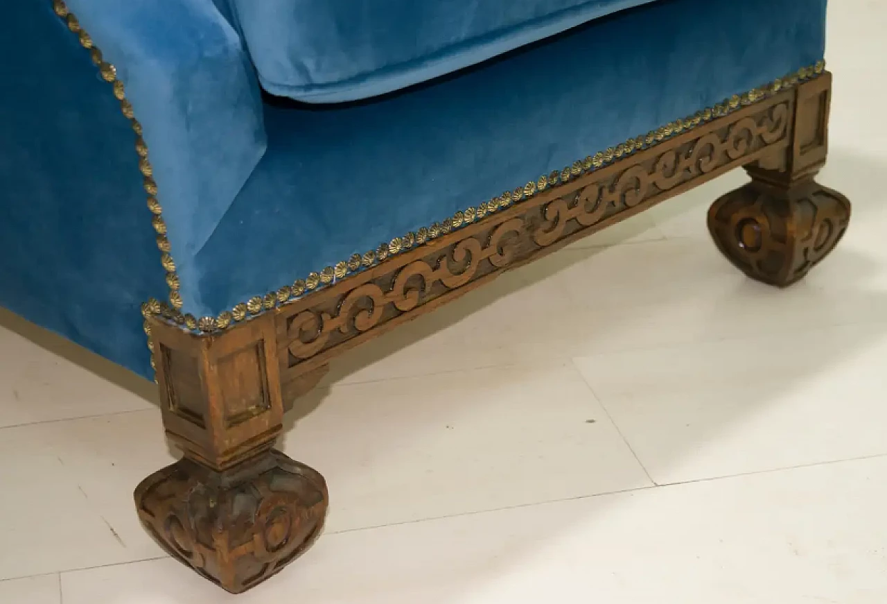 Pair of oak and blue velvet armchairs, late 19th century 11
