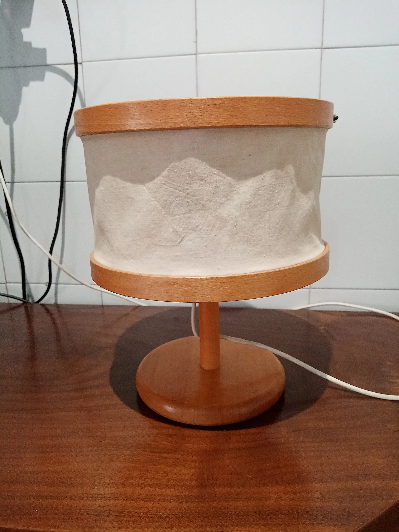 Evoluzione wooden table lamp with fabric shade, 1970s 1