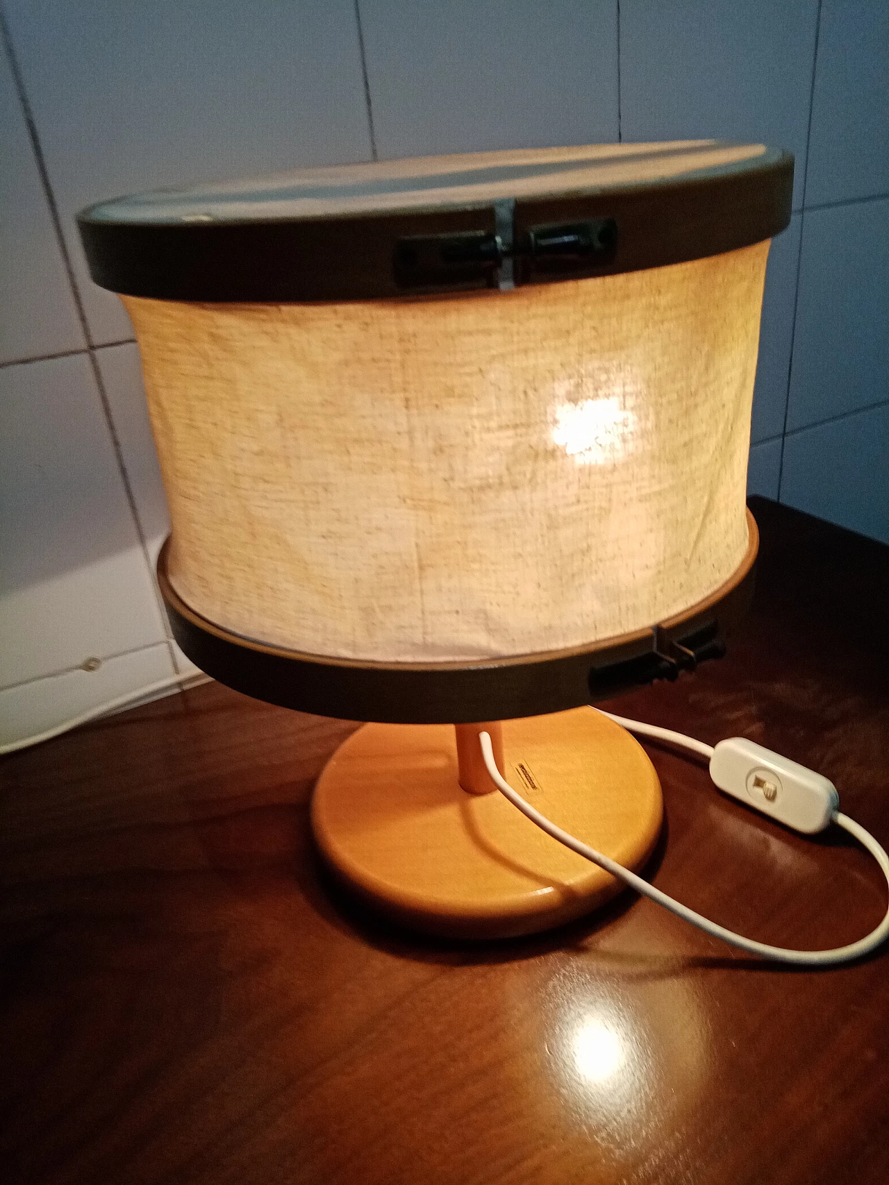 Evoluzione wooden table lamp with fabric shade, 1970s 4