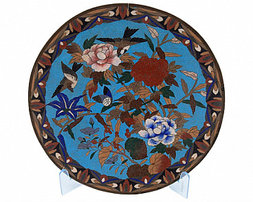 Chinese bronze and cloisonné enamel decorative plate with flowers and birds