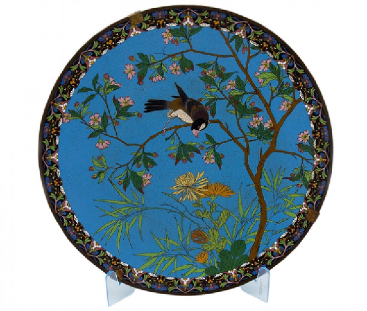 Piatto decorativo cinese in bronzo e smalto cloisonné con fiori e uccello 1