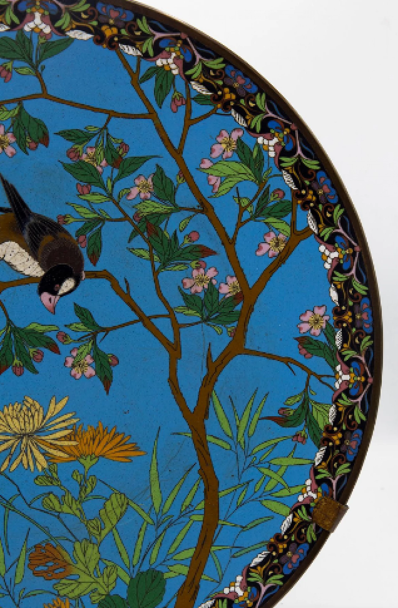 Chinese bronze and cloisonné enamel decorative plate with flowers and bird 3