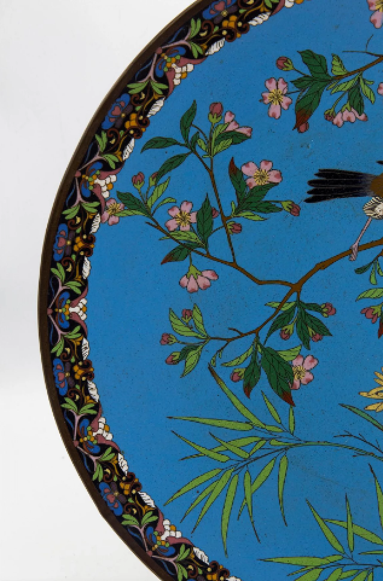 Chinese bronze and cloisonné enamel decorative plate with flowers and bird 4