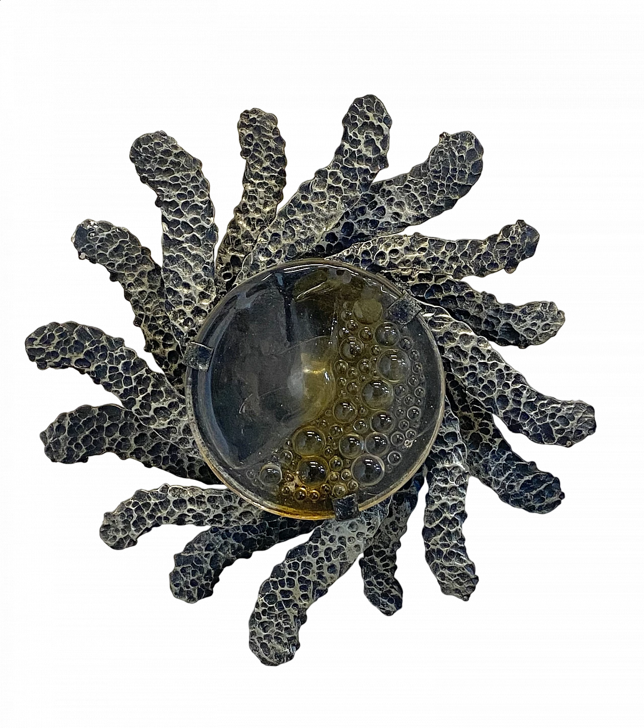 Brutalist two-light wall lamp in wrought iron and glass, 1960s 13