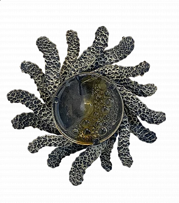 Brutalist two-light wall lamp in wrought iron and glass, 1960s