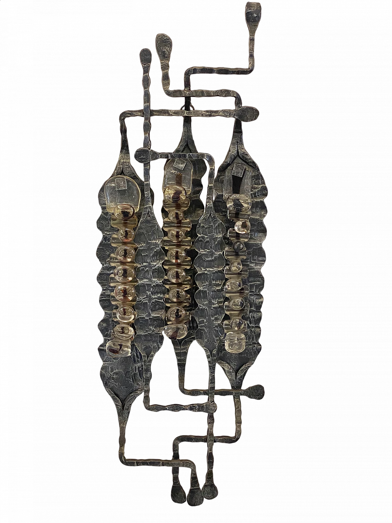Brutalist four-light wall lamp in wrought iron and glass, 1960s 18