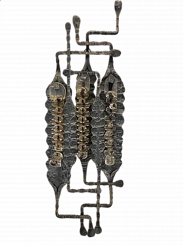 Brutalist four-light wall lamp in wrought iron and glass, 1960s